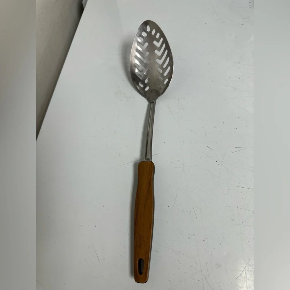Vintage EKCO USA Slotted Spoon Stainless Steel 2-Tone Wood Black Handle MCM